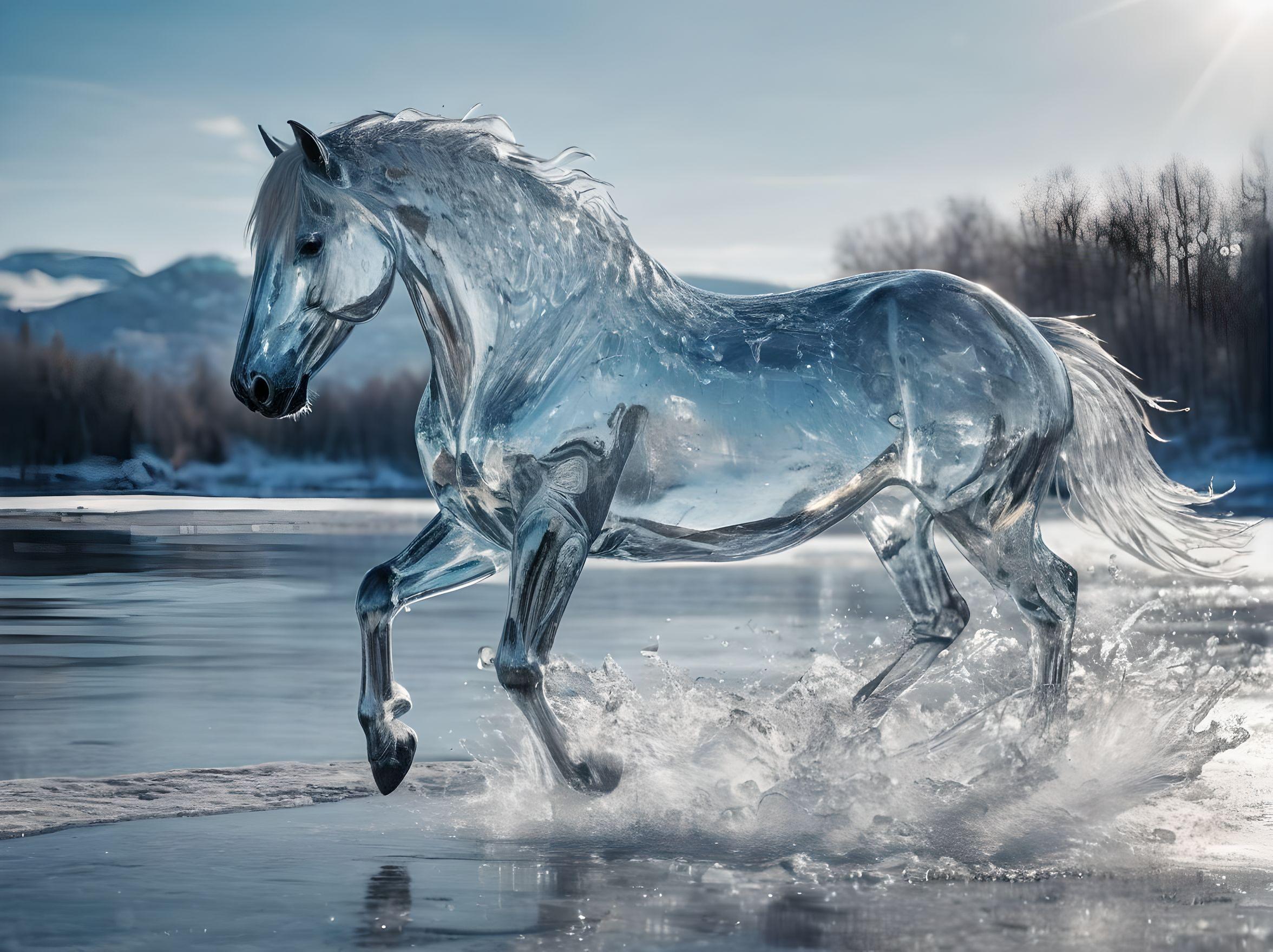 pure water- transparent- has a shape of a transparent horse- illuminating light- feeling alive- running- powerful body movement- winter lake view- crystal clear ice- icy storm scenery 
