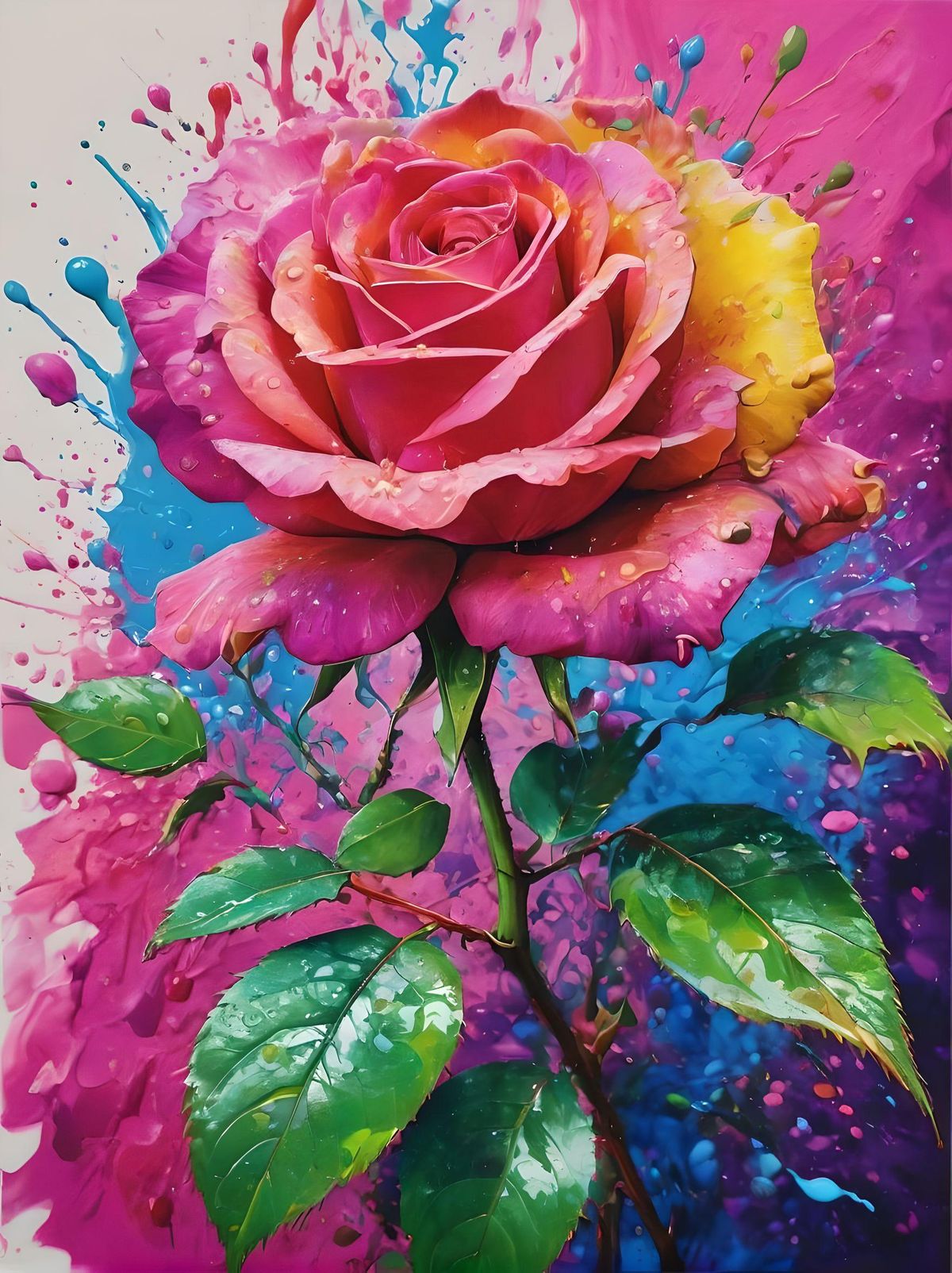 acrylic colors splash on rose bush, multiple bright colors