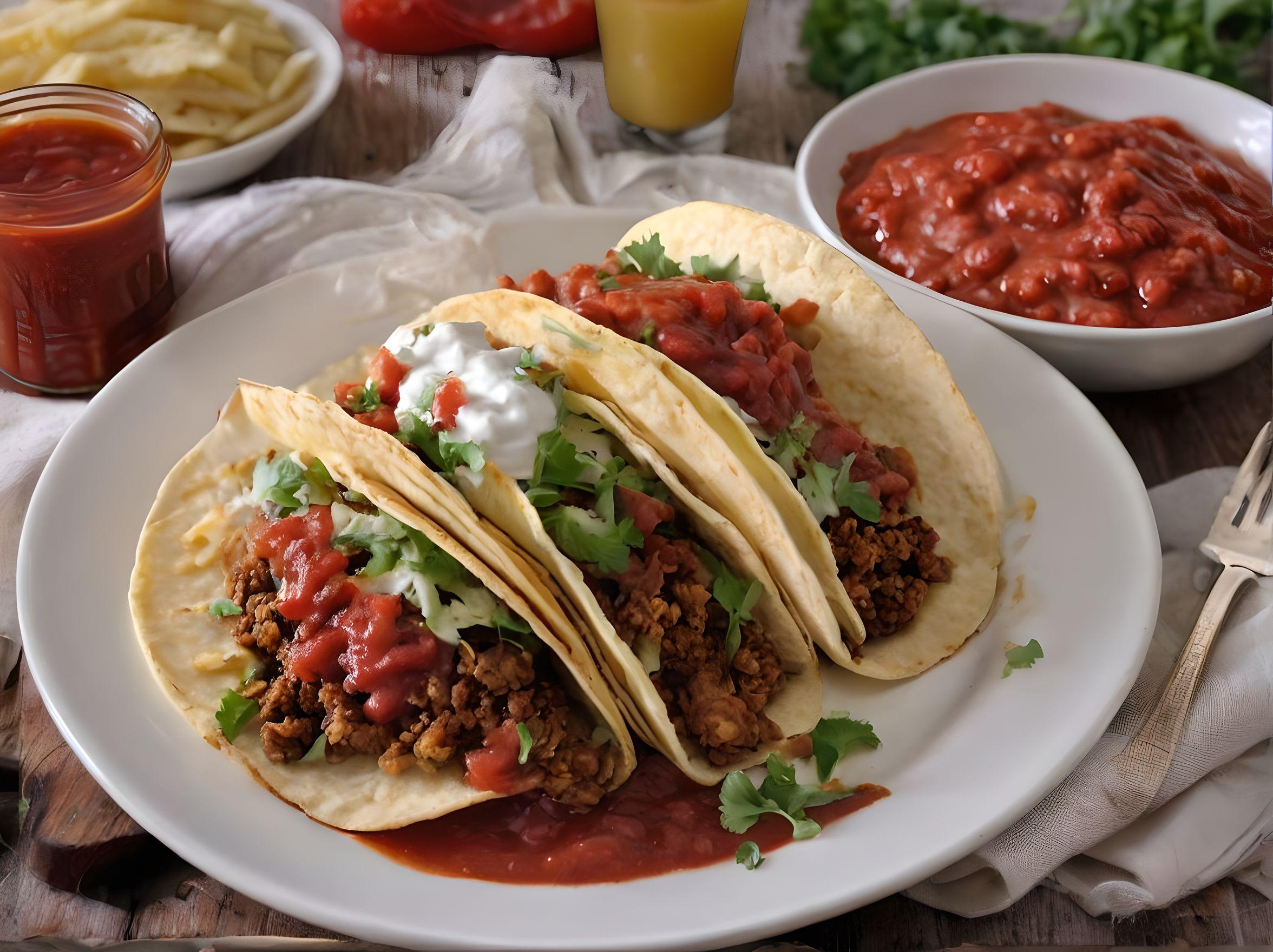 Tacos- a bowl of mashed potatoes- a bag of meat sauce fries- delicate white plate- fork and knife- ketchup- salsa sauce- delicious looking
