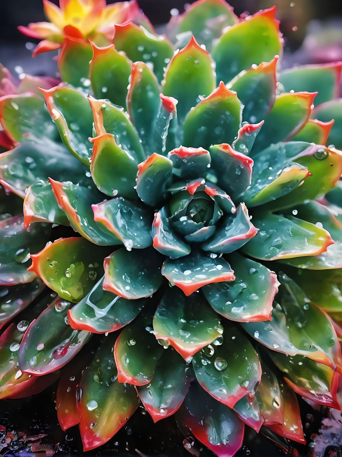 acrylic colors splash on flower-like succulent plants, multiple bright colors, raining day, perfect illuminating light 