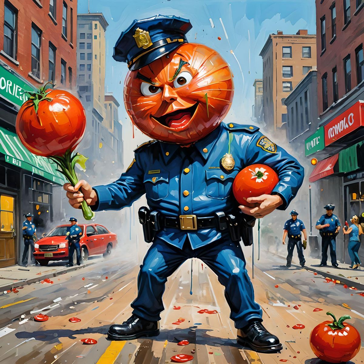 An onion cartoon character dressed up as a   New York Policeman shooting a tomato criminal cartoon character 