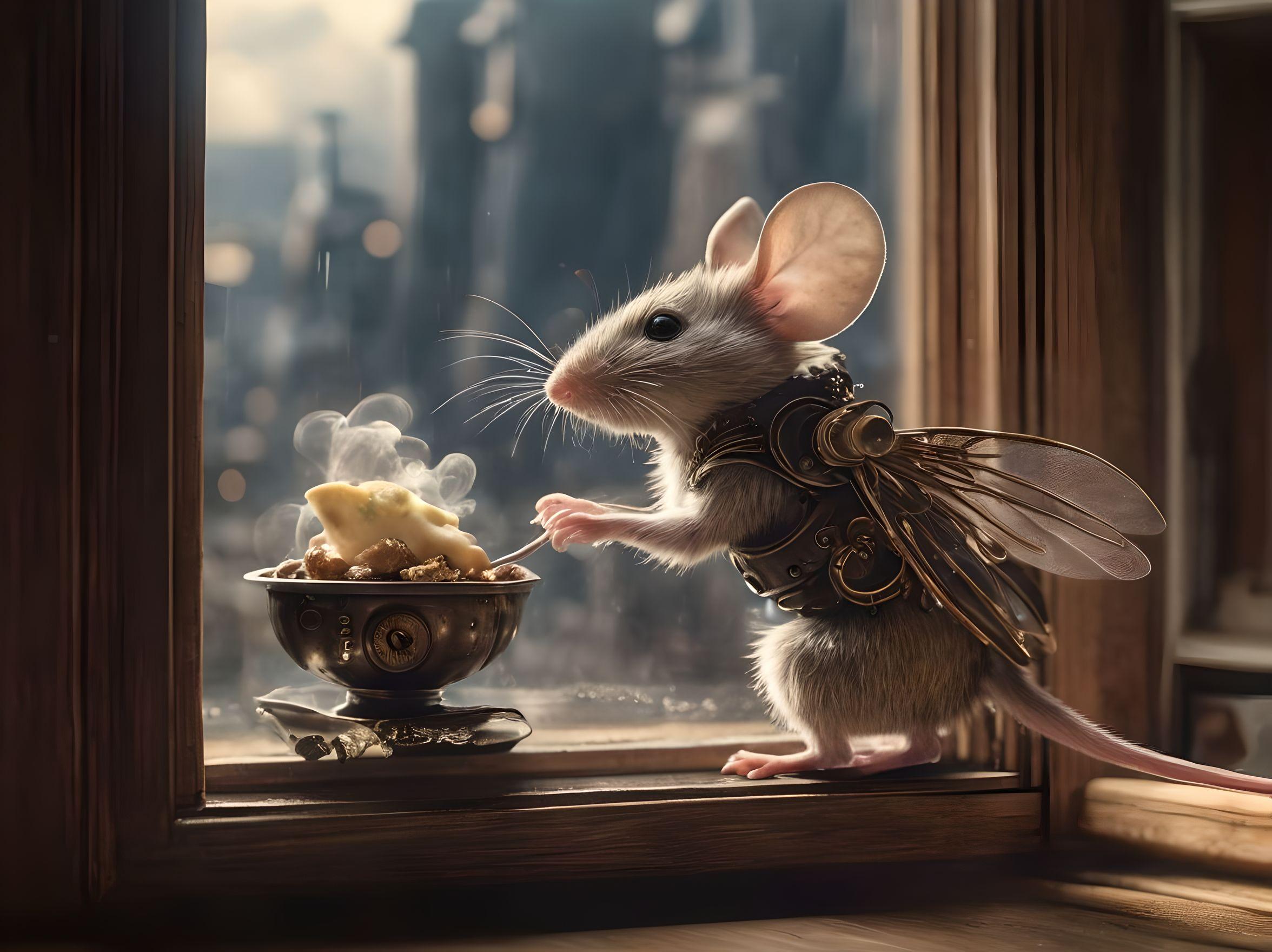 steam punk mouse with fairy wings flying- it is in a cupboard and is stealing some food- futuristic city outside the window in the cupboard
