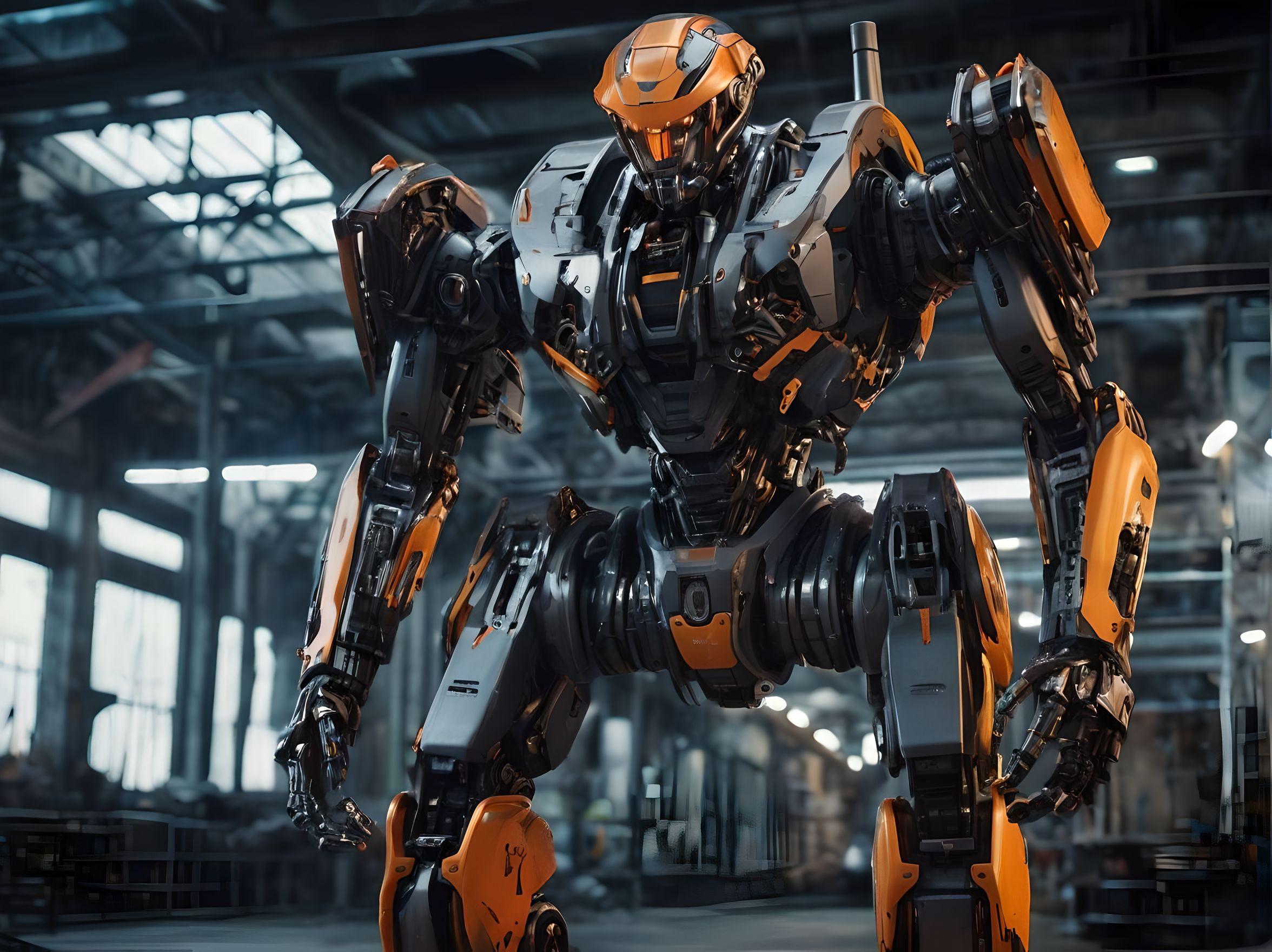 Robotic style- best quality:1.2- detailed:1.2- masterpiece:1.2- modern- futuristic mecha; large exoskeleton AI mechanical ready for battle robot with large guns; dark colored; details in orange LED; 