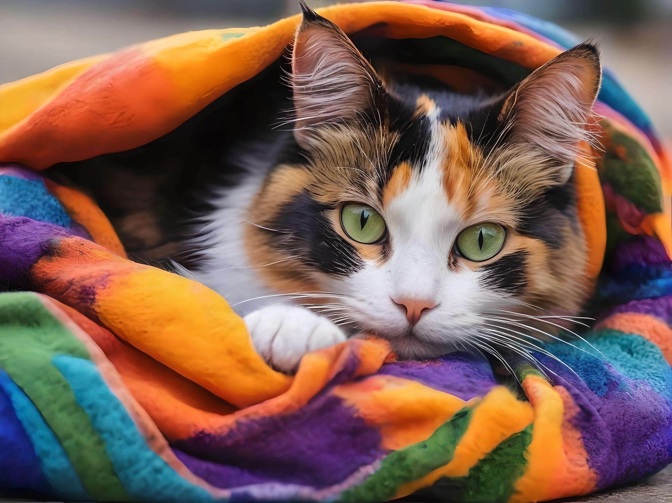 fighting game style score_9- score_8_up- score_7_up- score_6_up- vibrant- source_photo- realistic- a calico cat- with its orange- black- and white fur- is curled up under a vibrant- multicolored blanket. the blanket features hues of yellow- green- blue- and purple- creating a cozy atmosphere. the cat's eyes are closed- suggesting it might be taking a nap or enjoying the warmth of the blanket.- colorful city background . one on one combat- combo moves- diverse character roster- baby cat