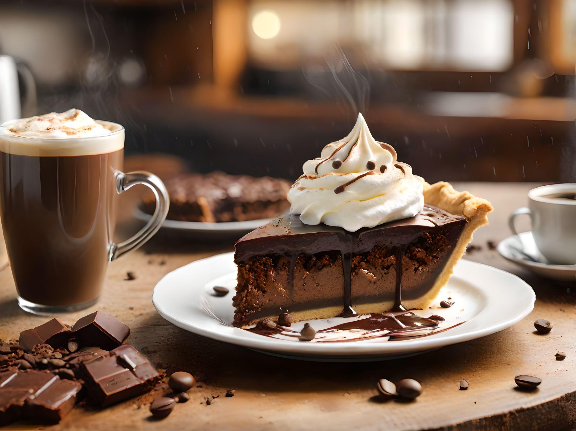 Coffee chocolate pie on a kitchen table with kitchen blurred in background- mug of coffee placed near the slice of pie- whipped cream and coffee beans placed on top- coffee dripping onto plate