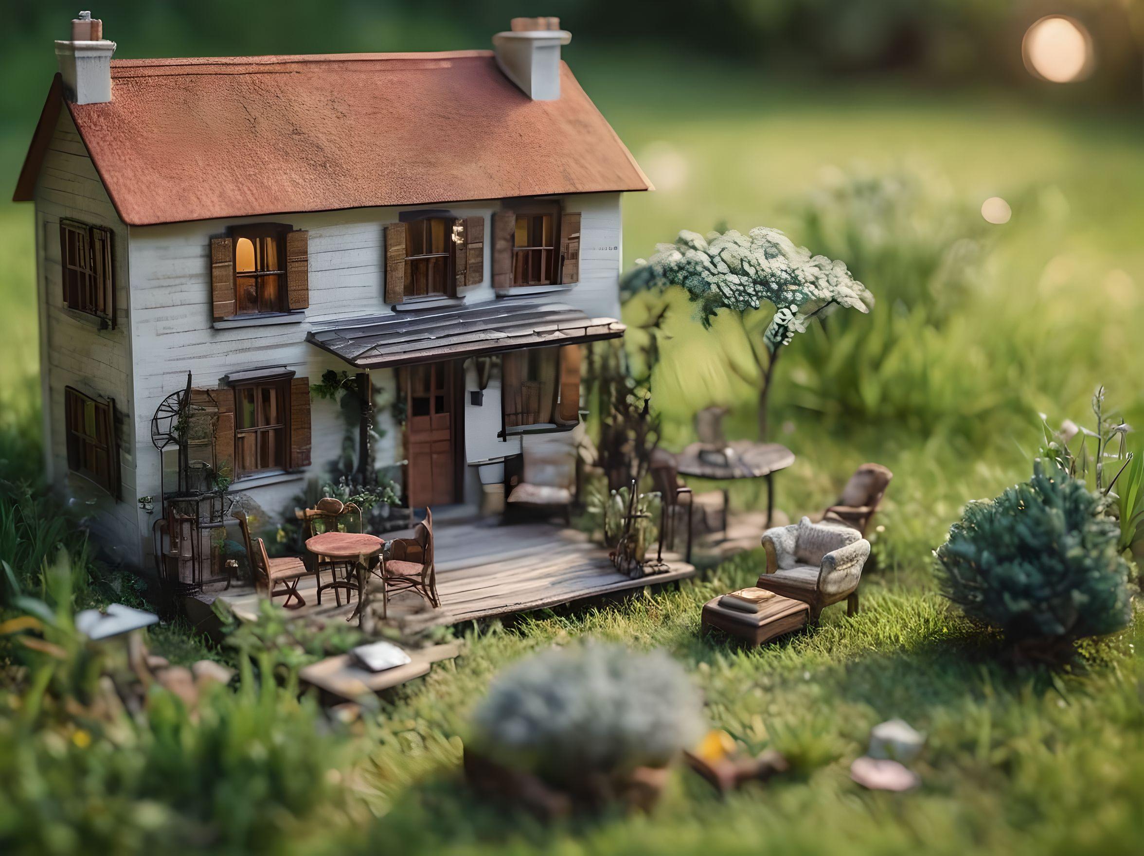 Miniature dollhouse placed on the grass- fashion and new design miniature furniture- tiny miniature animals inside the dollhouse- perfect dim light