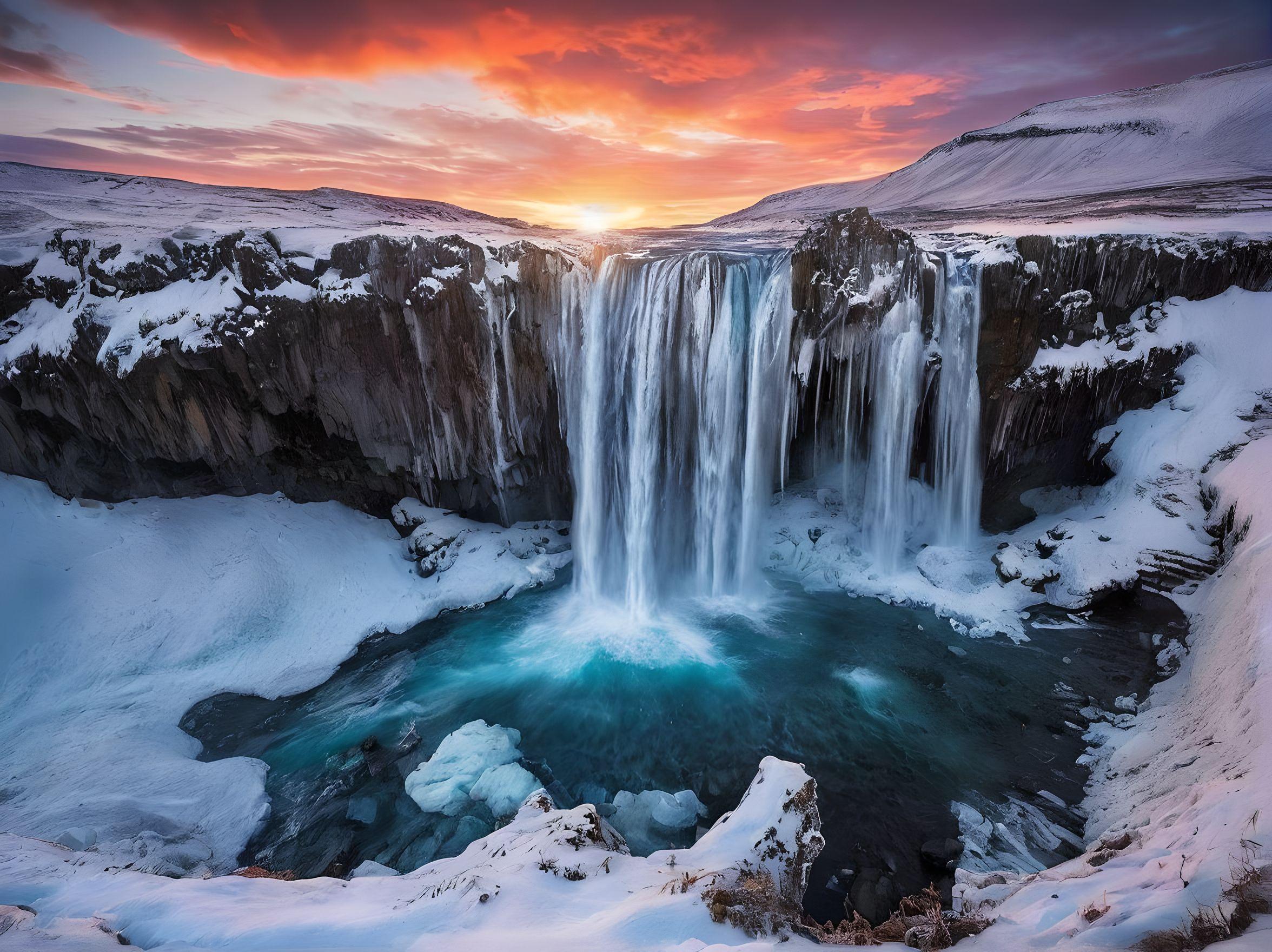 majestic frozen waterfall in the winter- Iceland landscape with grand waterfall- sunset- vivid colours- HDR- high definition- wide angle- high perspective