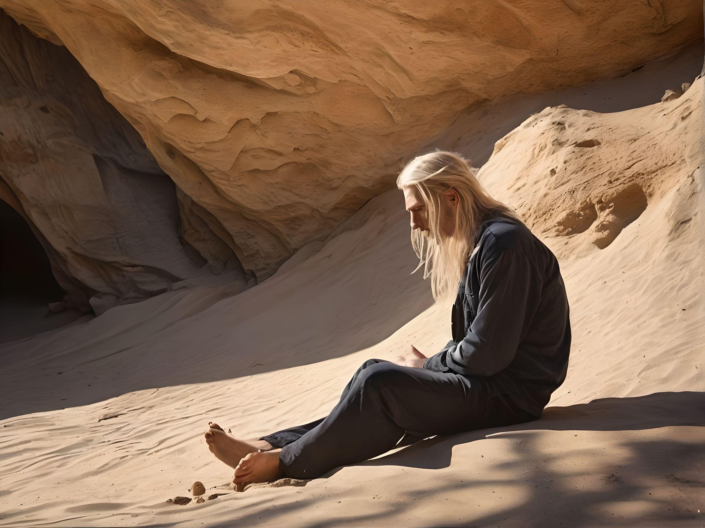 Eine Sandwüste. Die Sonne steht hoch am Himmel. Ein einsamer- hoher Fels mit einem Höhleneingang wirft einen scharfen Schatten. In der Höhle sitzt ein junger Mannes mit langen weißblonden Haaren im Schneidersitz.