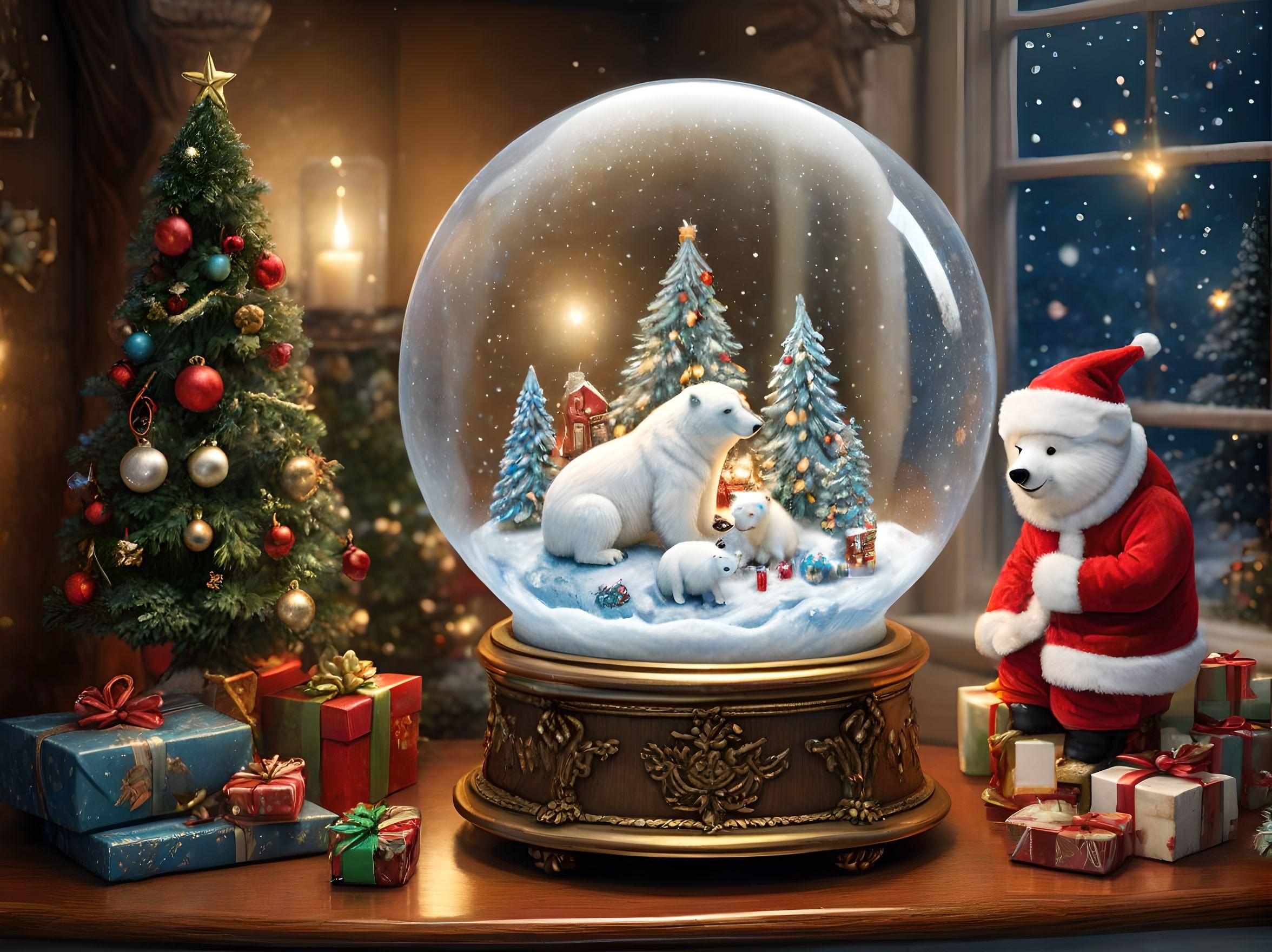 A snowglobe sits on a mantlepiece. Night. Cosy- warm- inviting scene. Perfect dim lighting. Inside the snowglobe is an intricately detailed miniature diorama featuring polar bears wearing Santa hats decorating a Christmas tree surrounded by Christmas presents. 