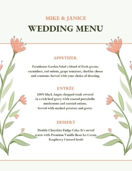 dinner, food, cuisine, Tulip Wedding Menu Template