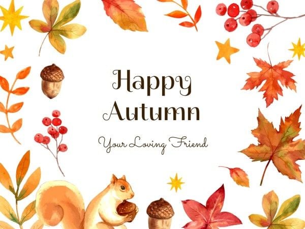 greeting, fall, season, White And Orange Watercolor Hand Drawn Happy Autumn Card Template
