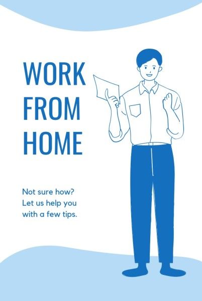 remote work, remotely work, ideas, Blue And White Illustration Work From Home Tips Pinterest Post Template