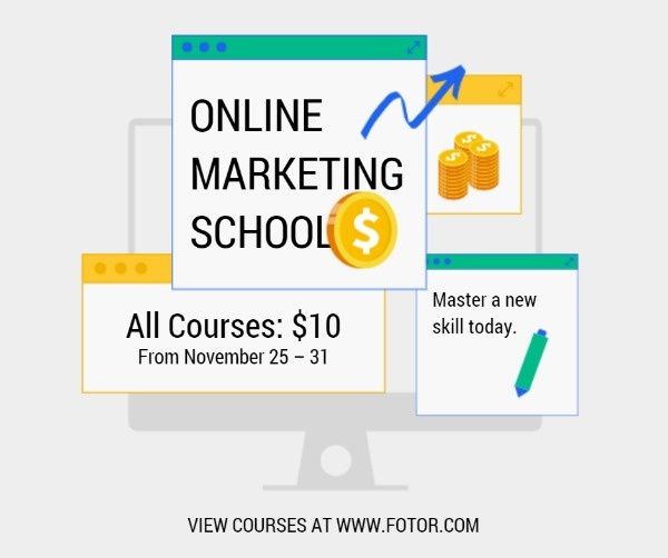 course, class, computer, Online Marketing School Discount Facebook Post Template