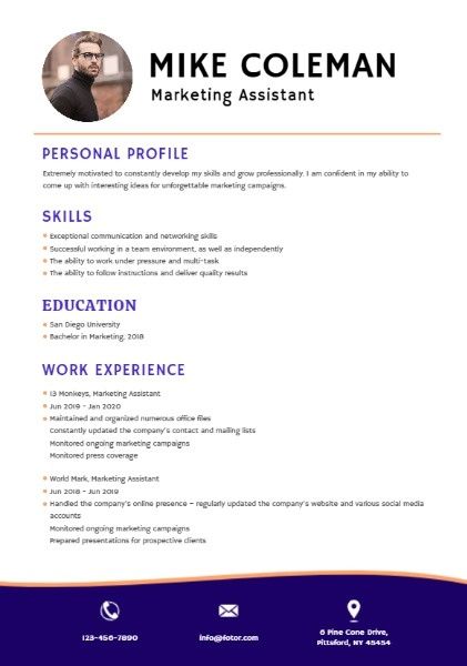 résumé, marketer, office, Marketing Assistant Purple Simple Resume Template