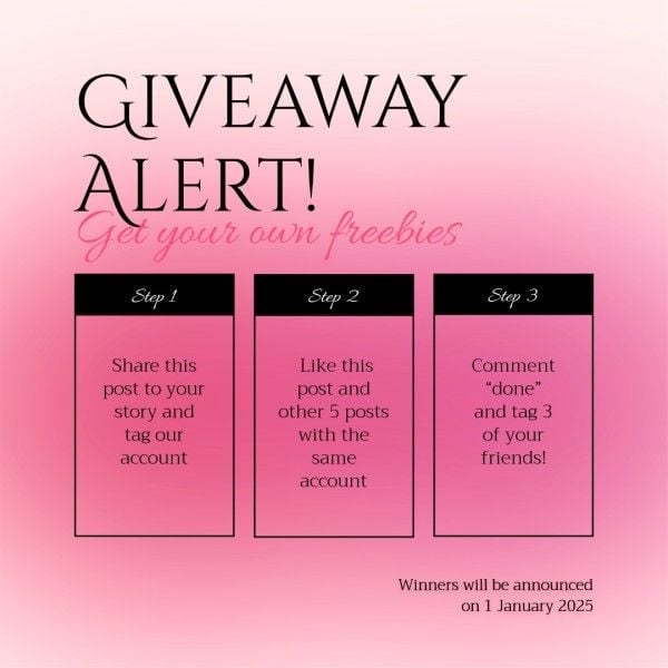 social media, sale, promotion, Pink Giveaway Alert Steps Instagram Post Template