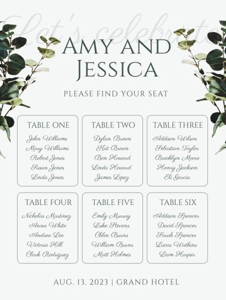 Green Leaves Seating Chart Template
