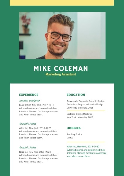 Marketing Assistant Dark Green Simple Resume  Resume