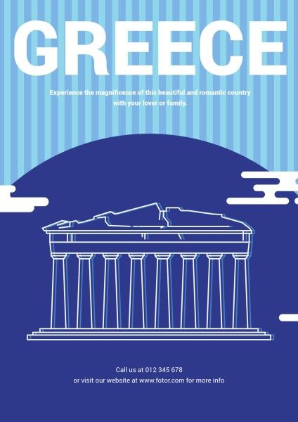 architecture, classic, plane painting, Blue Greece Ancient Temple Travel Poster Template
