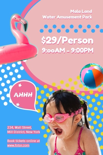 粉红色和蓝色儿童水上游乐园广告 Pinterest短帖