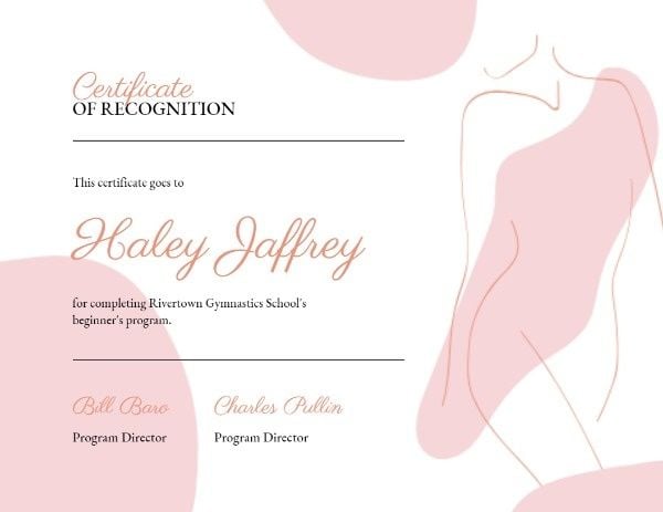 course certificate, couse, program award, White And Pink Abstract Girl Gymnastics Award Certificate Template