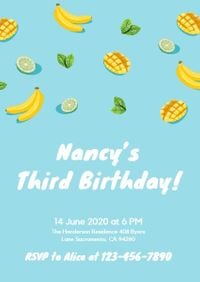 party, anniversary, happy, Blue Summer Fruit Birthday Invitation Template