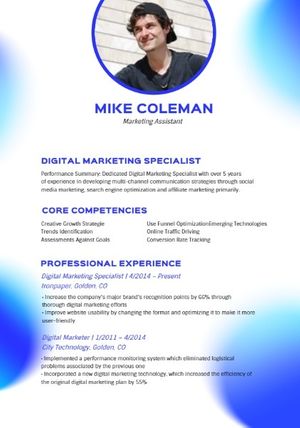 business, cv, job, Marketing Assistant Blue Modern Resume Resume Template