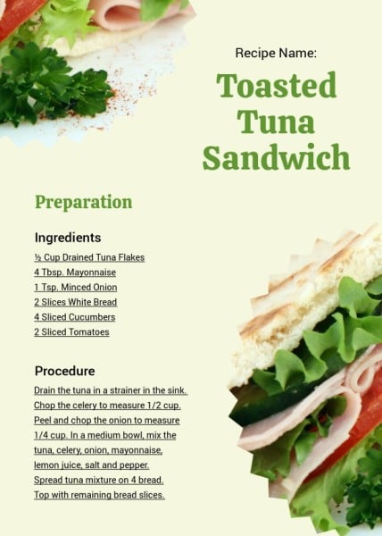 Yellow Toasted Tuna Sandwish Recipe Card