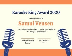 competition certificate, sing competion, award, Orange Blue Microphone Certificate Template