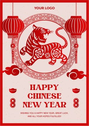 lantern, tiger, traditional chinese new year, Red Happy Chinese New Year Poster Template