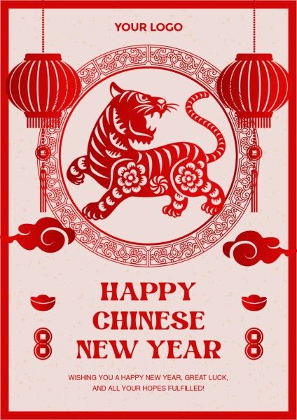 lantern, tiger, traditional chinese new year, Red Happy Chinese New Year Poster Template