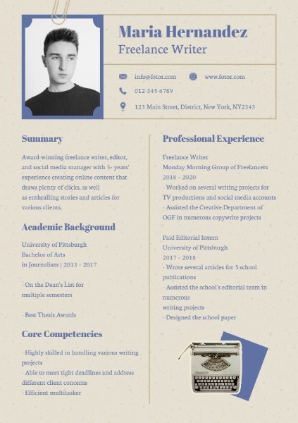 Online Vintage Freelance Writer Resume Resume Template Fotor Design Maker