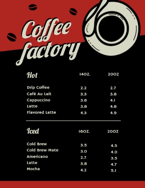 咖啡工厂菜单 英文菜单