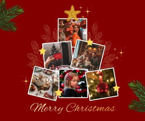 holiday, celebration, greeting, Red Christmas Family Photo Collage Facebook Post Template
