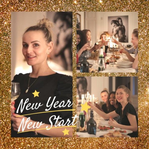 meal, social media, holiday, Gold Black New Year Dinner Photo Collage (Square) Template