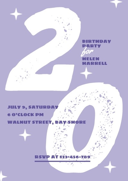 Purple 20 Year Old Birthday Party Invitation