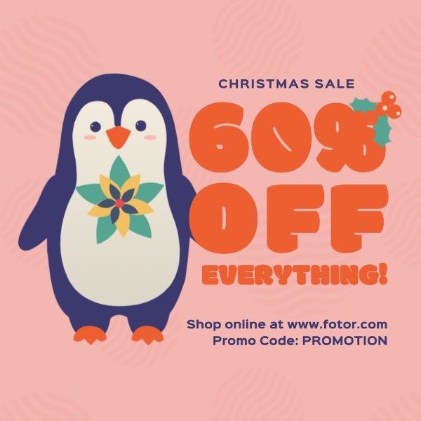 christmas, discount, promo code, Pink Penguin Clothes Sale Instagram Post Template