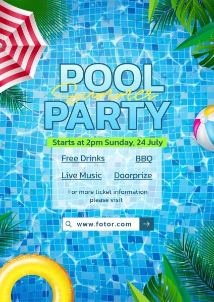 event, summer party, holiday, Blue Illustration Summer Pool Party Poster Template