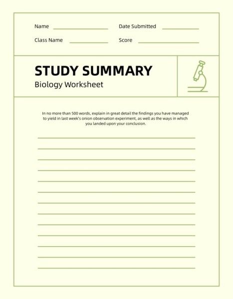 biology worksheet, exercise, science, Soft Green Biology Study Summary Worksheet Template