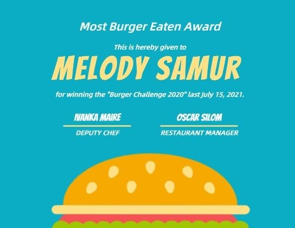 蓝色汉堡食品大赛奖 证书