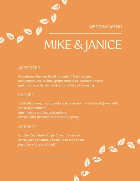 dinner, food, cuisine, Orange Leaves Wedding Menu Template