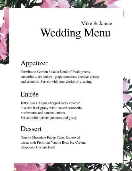 花卉背景婚礼 英文菜单