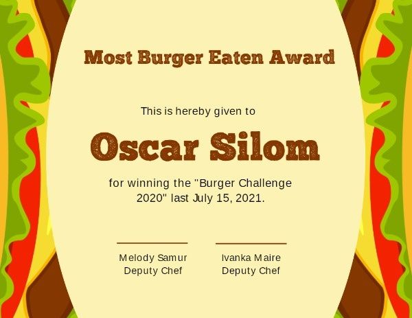 food competition certificate, food competition, competition, Burger Background  Certificate Template