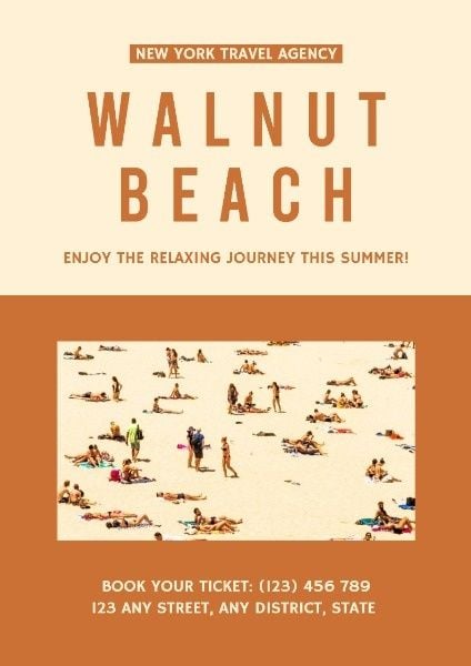 黄色和橙色核桃海滩旅行社海报 英文海报
