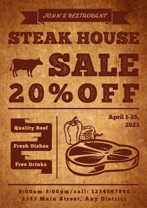food, beef, promotion, Vintage Steak Restaurant Sale Poster Template