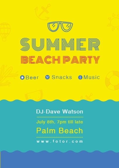 season, event, parties, Yellow Summer Beach Party  Invitation Template