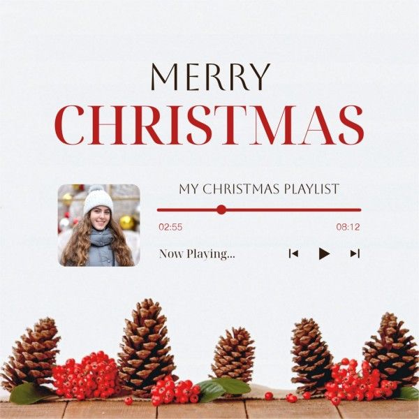 merry christmas, holiday, greeting, White And Red Christmas Music Playlist Instagram Post Template