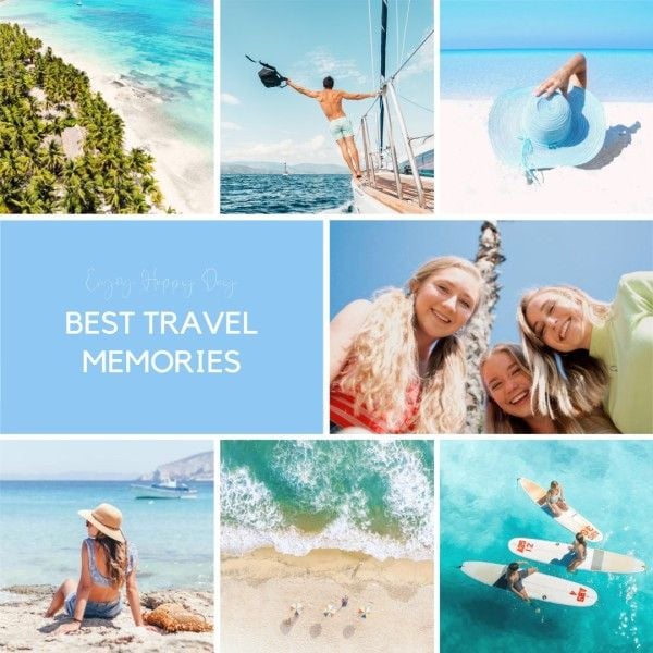 travel, journey, trip, Blue Modern Vacation Collage Photo Collage (Square) Template