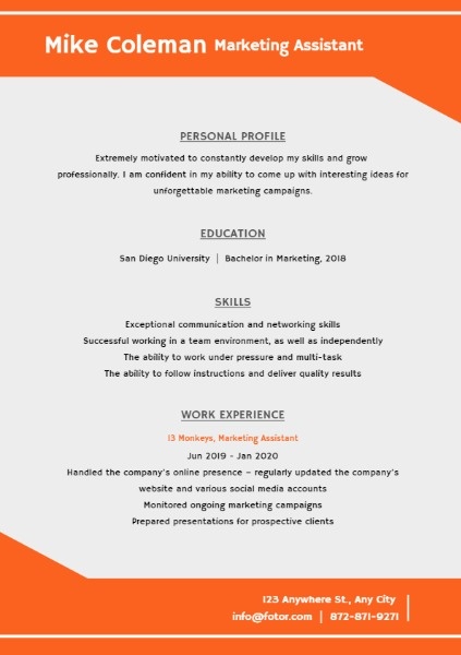 Marketing Assistant Orange Simple Resume Resume