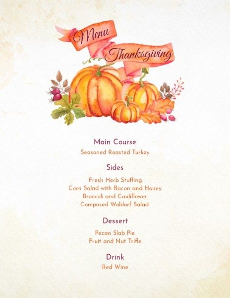 holiday, autumn, fall, Watercolor Illustration Thanksgiving Dinner Menu Template