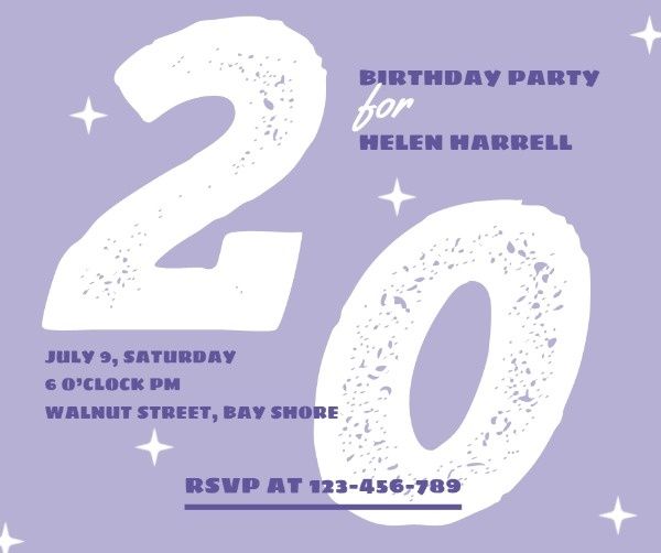 紫と白の誕生日パーティーの招待状 Facebook投稿